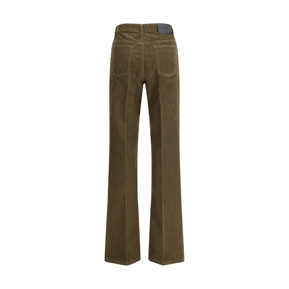 Back view of Saint Laurent Green Cotton Casual Pants with corduroy texture, leather jacron and classic five-pocket design.