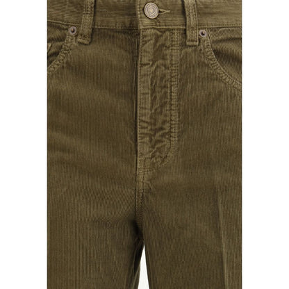 Close-up of Saint Laurent Green Cotton Casual Pants with zipper and button closure, showcasing corduroy texture and classic design.