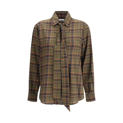 Saint Laurent Green Cotton Pattern Shirt with check design, lavallière bow, and Cassandre embroidery for AW25.