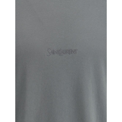 Saint Laurent Green Cotton T-Shirt with embroidered logo, ribbed crew neck, perfect for a casual-chic look combining elegance and simplicity.
