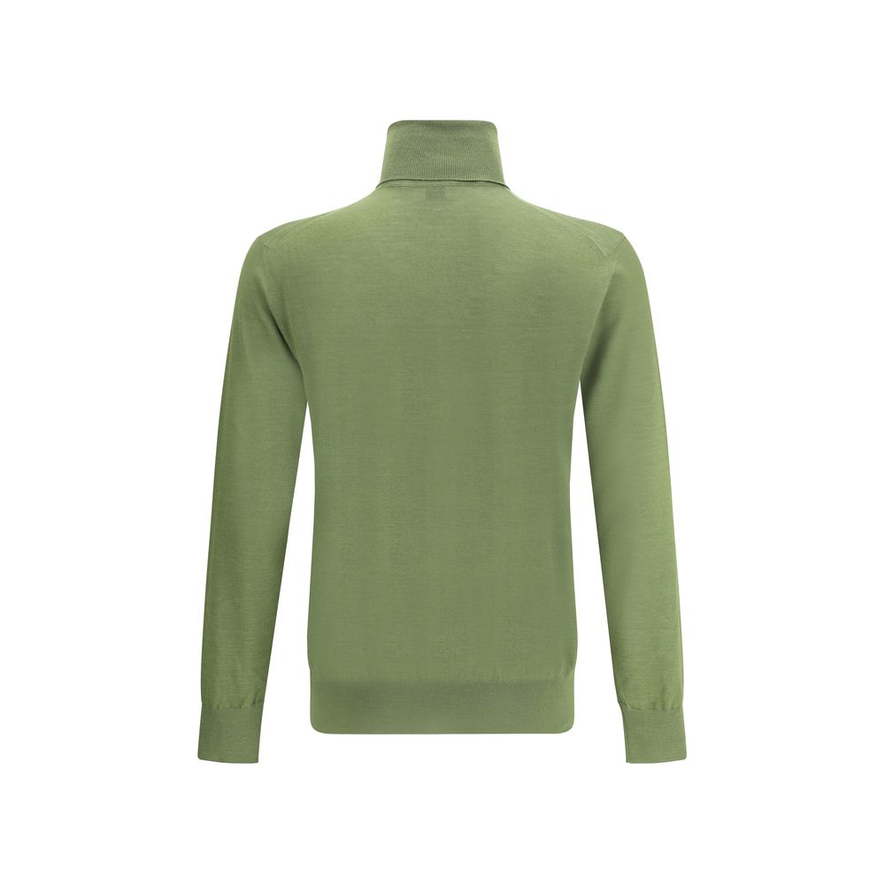 Saint Laurent Green Wool Turtleneck with elegant ribbed collar and cuffs, featuring a snug fit in luxurious wool, cashmere, and silk blend.