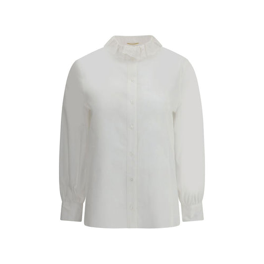 Saint Laurent White Cotton Dress Shirt with lace Pierrot collar and beveled cuffs, showcasing elegant and bold sartorial style.