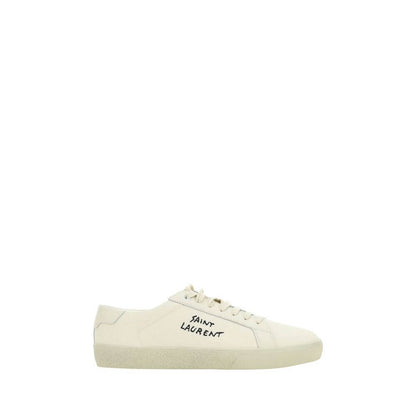 Saint Laurent White Rubber Low Top Sneakers with embroidered logo, cotton upper, and crater-effect sole. AW25 collection.