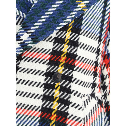 Close-up of Sara Roka Multicolor Wool Coat with check pattern and button detail.