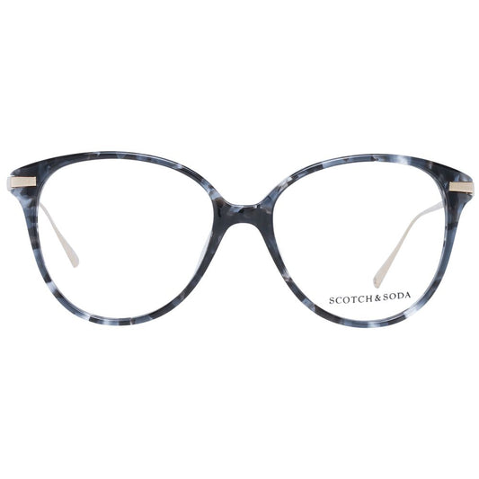 Scotch & Soda Black Women Glasses Frame in acetate with demo lenses, round full-rim style, featuring temples length 145mm and branded case.
