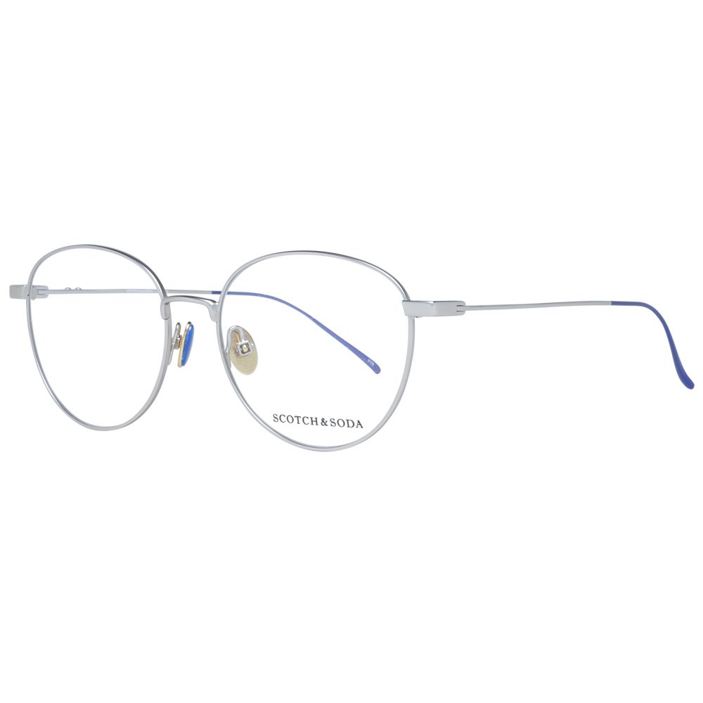 Scotch & Soda Silver Women Glasses Frame, full-rim round style with metal construction, demo lenses, and branded case included