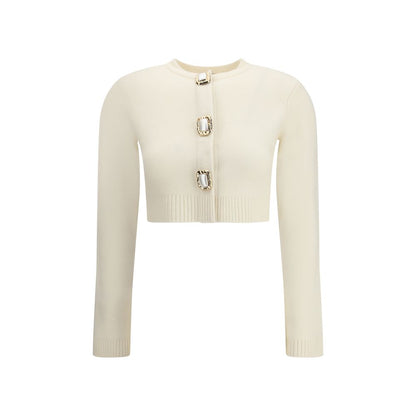 Self-Portrait Cream Wool Cardigan with decorative buttons, ribbed edges, and concealed front closure for elegant style.