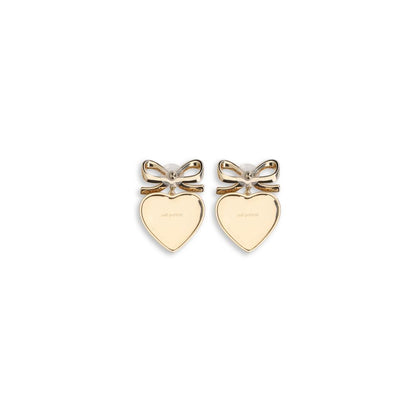 Self-Portrait Gold Brass Earrings with heart-shaped bow design and crystal accents.