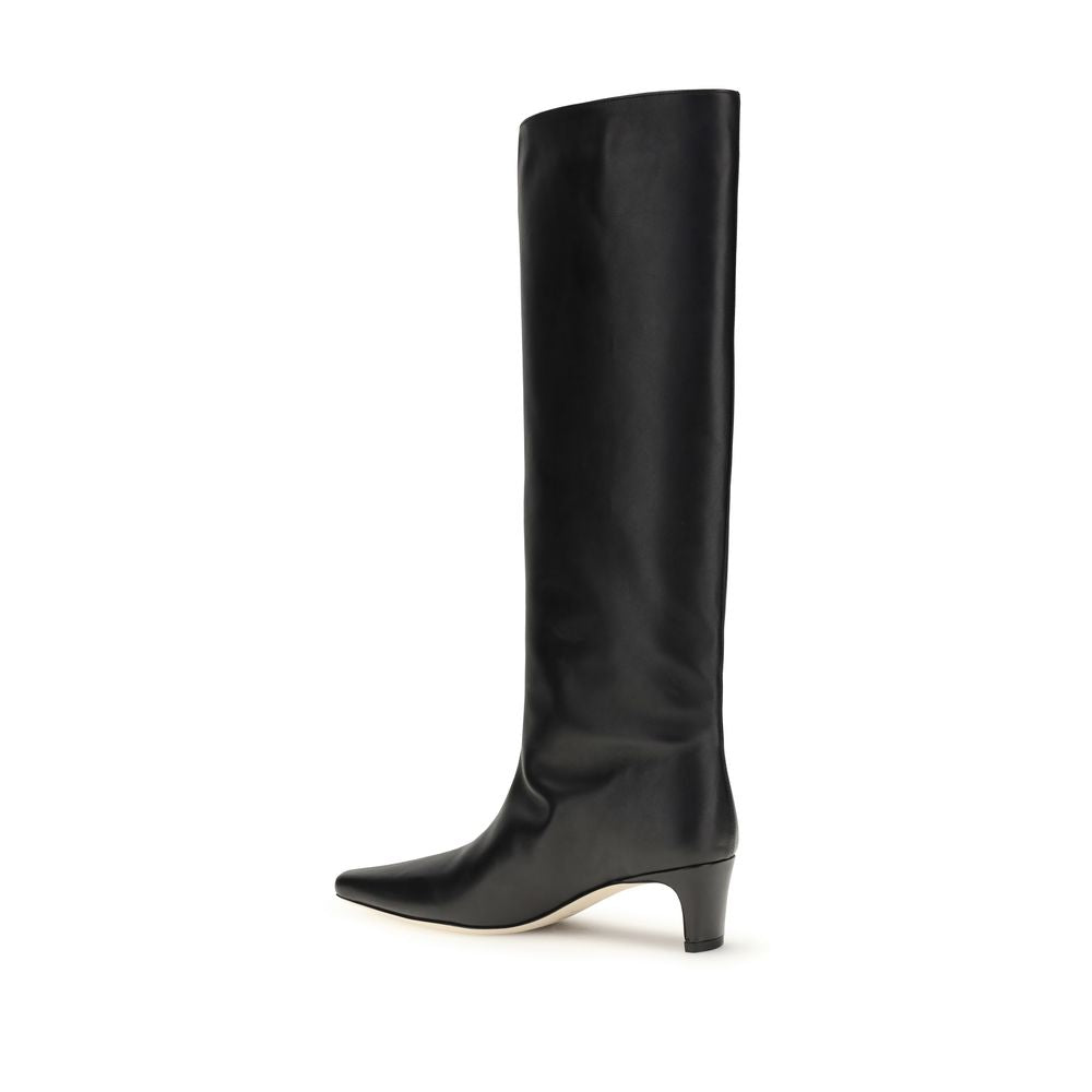 Staud Black Calf Leather Bos Taurus Boots with tapered toe and kitten heel, above-the-knee elegant silhouette for AW25.