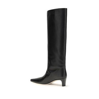 Staud Black Calf Leather Bos Taurus Boots with tapered toe and kitten heel, above-the-knee elegant silhouette for AW25.
