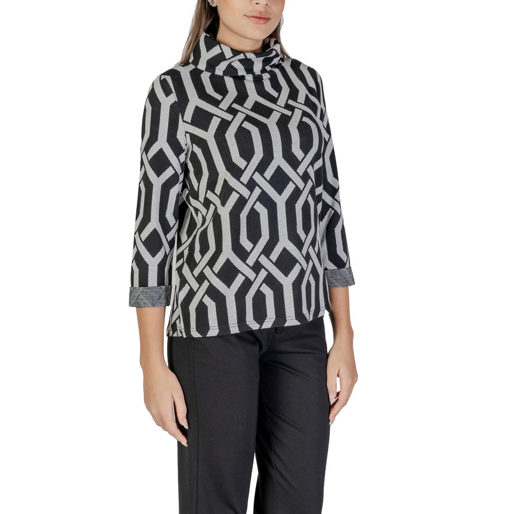 Street One Black Polyester Sweatshirt with geometric jacquard pattern and scarf collar for modern women's fashion