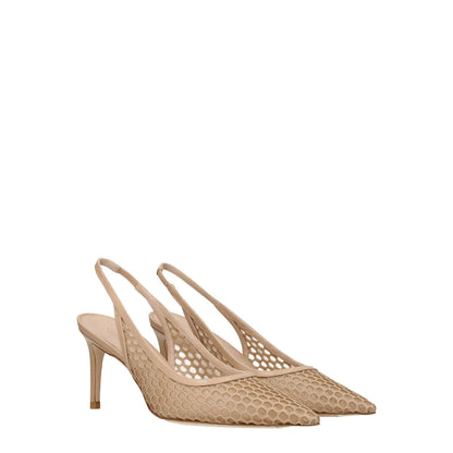 Stuart Weitzman Beige Leather High Heel Pumps with pointy toe and mid heels, stylish design, slingback, leather sole, and 7.5 cm heel
