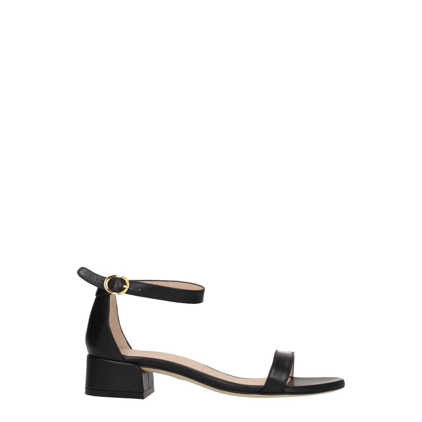 Stuart Weitzman Black Leather Flat Sandals with buckle closure, open toe, and mid heels for casual style.