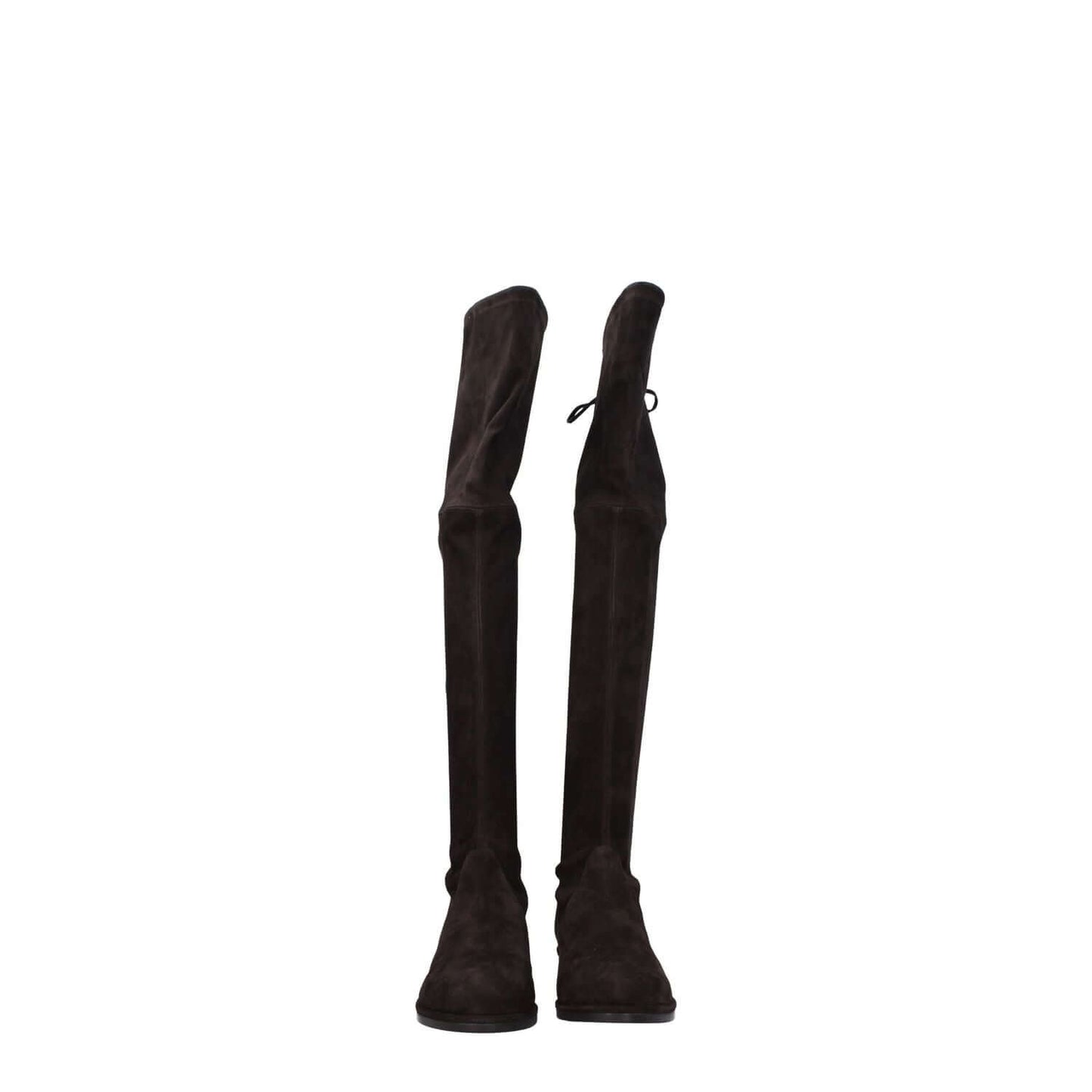 Stuart Weitzman Brown Leather Over The Knee boots, suede design with self-tie closure, round toe, low flat heel, casual style.