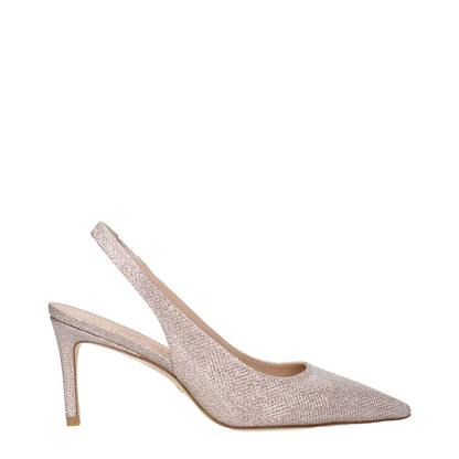 Stuart Weitzman Pink Fabric High Heel Pumps with metallic effect, pointy toe, and mid heels, made of fabric with leather sole.