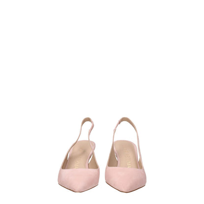 Front view of Stuart Weitzman Pink Leather Mid Heel Pumps with pointy toe and suede design.