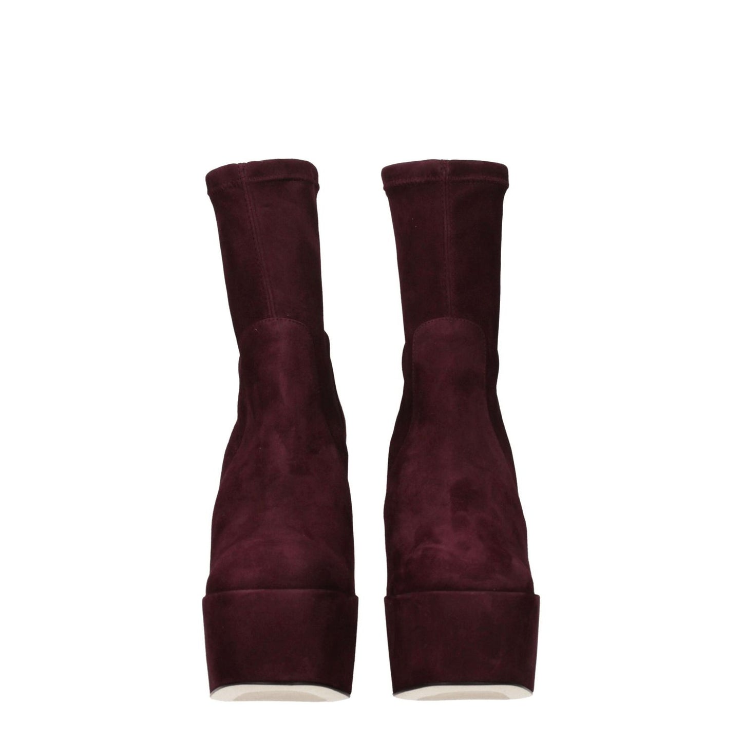 Front view of Stuart Weitzman Purple Leather Ankle Boots with suede finish and high heel design, showcasing the 16 cm heel height.