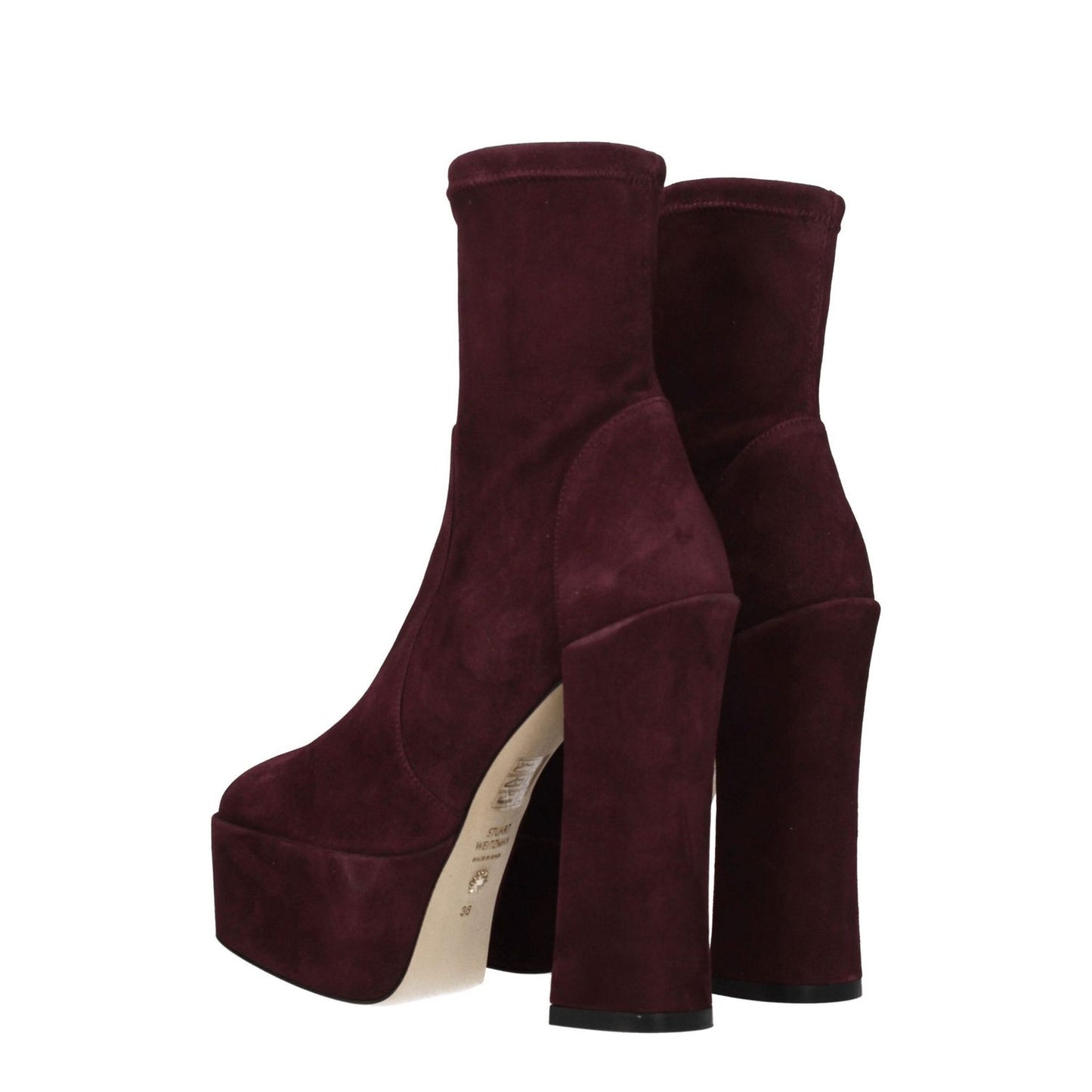 Stuart Weitzman Purple Leather Ankle Boots with round toe and high heel, made of suede with leather sole, shown in cordovan color.