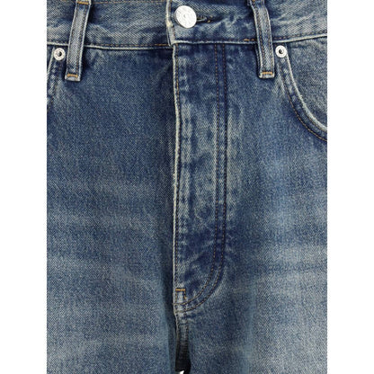 Close-up of Sunflower Blue Cotton Jeans Denim showcasing twisted wide design and vintage wash.