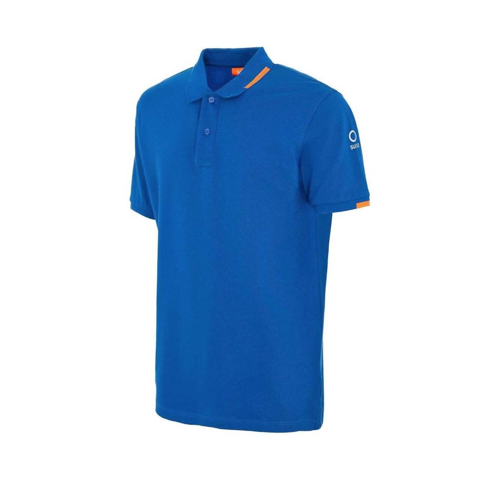 Suns Blue Cotton Polo Shirt with ribbed collar, logo on left sleeve, front button closure, displayed on white background.