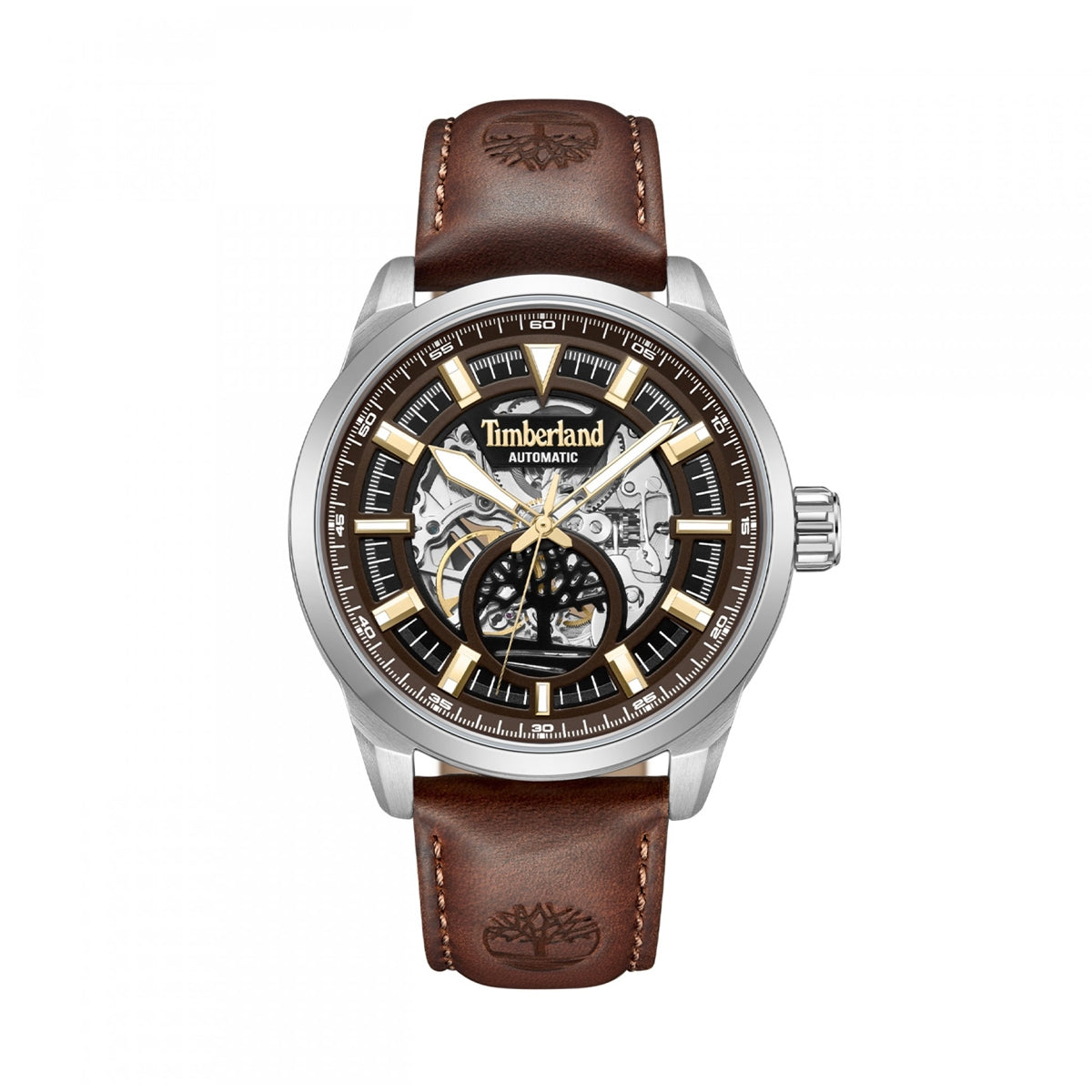 TIMBERLAND WATCHES Mod. TDWGE0055203 with brown leather strap and skeleton dial design.