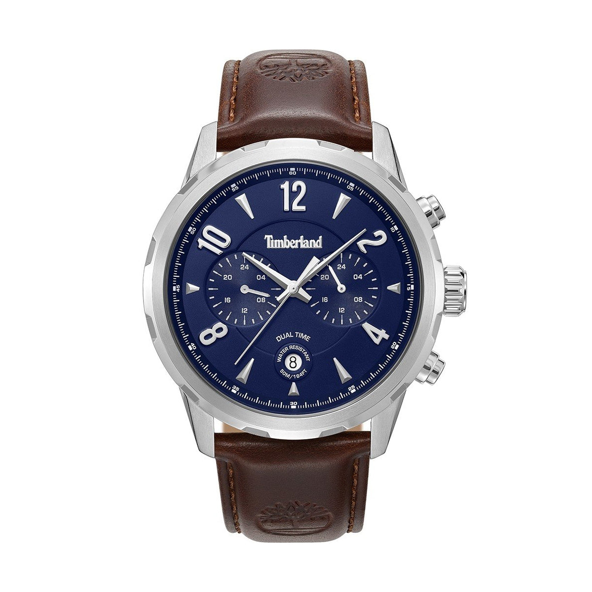 TIMBERLAND WATCHES Mod. TDWGF0082903 featuring brown leather strap and blue dial with silver accents, showcasing dual time functionality.