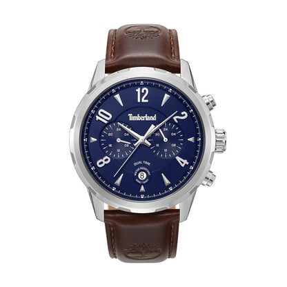 TIMBERLAND WATCHES Mod. TDWGF0082903 featuring brown leather strap and blue dial with silver accents, showcasing dual time functionality.
