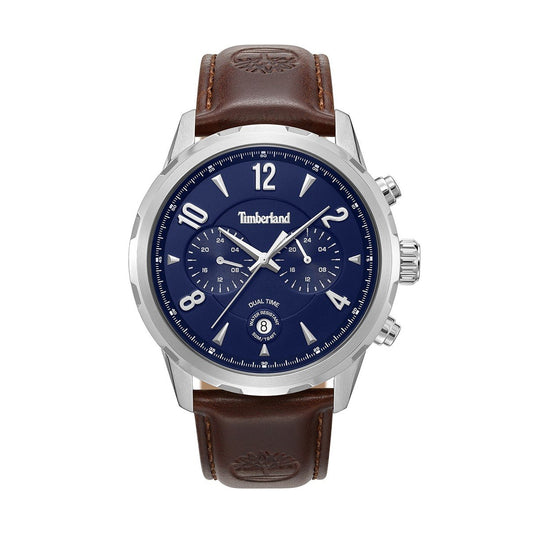 TIMBERLAND WATCHES Mod. TDWGF0082903 featuring brown leather strap and blue dial with silver accents, showcasing dual time functionality.