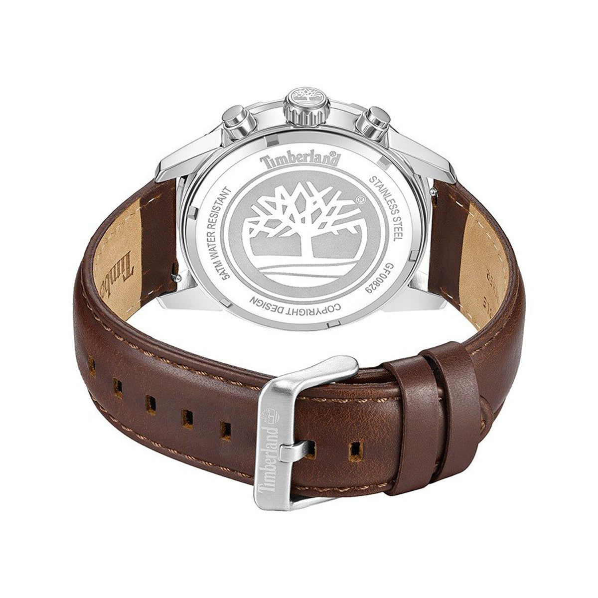 Back view of TIMBERLAND WATCHES Mod. TDWGF0082903 with brown leather strap and stainless steel case back.