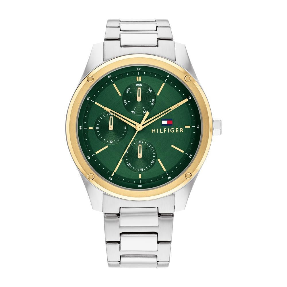 TOMMY HILFIGER Mod. 1710537 gent's quartz analog watch with green dial, 43mm case, mineral glass, and official packaging.