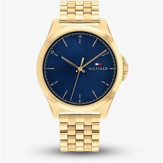 Alt Tag: TOMMY HILFIGER Mod. 1710546 gent's quartz analog watch, 42mm gold case, blue dial, mineral material, official box included.