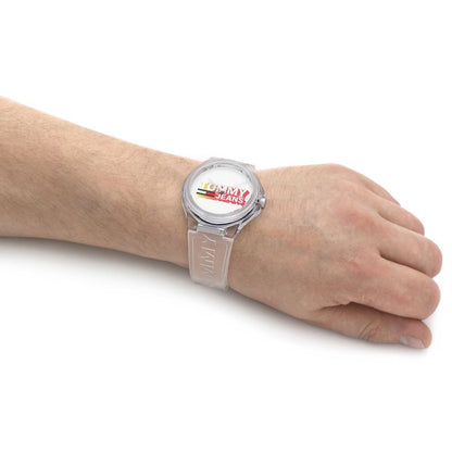 Person wearing TOMMY HILFIGER Mod. 1720027 watch with quartz movement and multifunction dial, shown in official packaging for both genders.