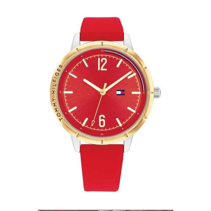 TOMMY HILFIGER Mod. 1782561 quartz analog watch with red dial and strap, 38mm case, 3 ATM water resistance, in official packaging.