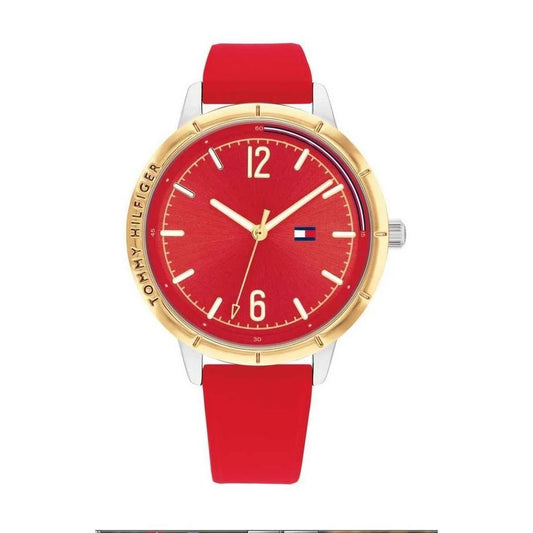 TOMMY HILFIGER Mod. 1782561 quartz analog watch with red dial and strap, 38mm case, 3 ATM water resistance, in official packaging.