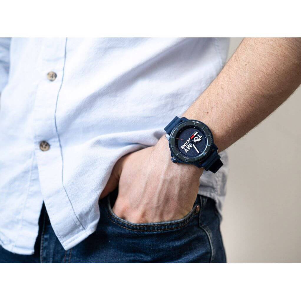 TOMMY HILFIGER Mod. 1792000 gent's quartz analog watch showing on wrist, multifunction with 45mm case, mineral dial, 3 ATM water resistance.