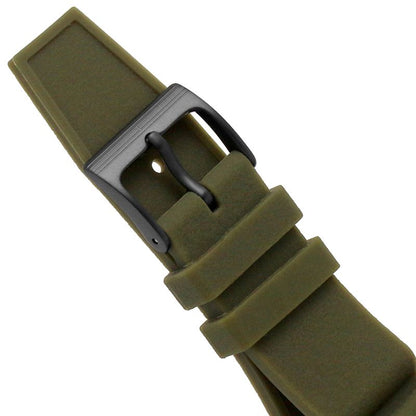 Olive green silicone watch strap with black buckle close-up