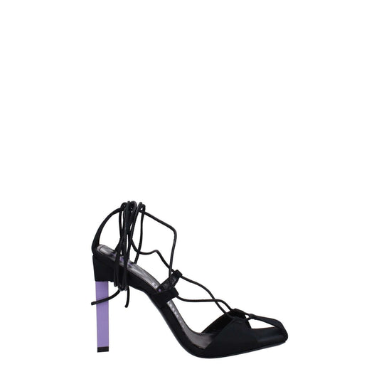 The Attico Black Fabric Stiletto Heel Sandals with self-tie closures, open toe, mauve accent heel, and leather shoe sole.