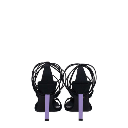 The Attico Black Fabric Stiletto Heel Sandals with self-tie closure and mauve accents, featuring a high heel with an open toe design.