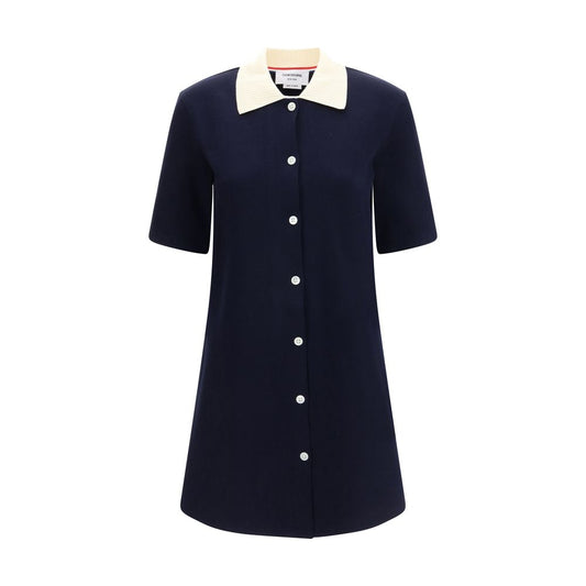 Thom Browne Blue Cotton Casual Dress, short-sleeved, ribbed knit, front button closure, polo-style collar, elegant AW25 design.