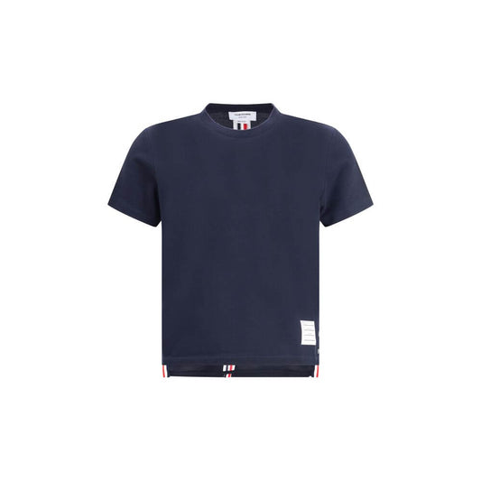 Thom Browne Blue Cotton T-Shirt with logo patch, ribbed crew neck, colored bands, and adjustable side slits, front view.