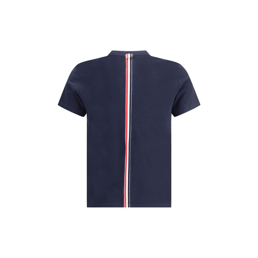 Back view of Thom Browne Blue Cotton T-Shirt featuring vertical colored bands and ribbed crew neck detail.