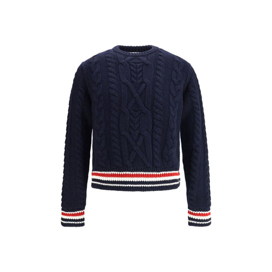 Thom Browne Blue Fleece Wool Sweatshirt with cable knit and tricolor details, ribbed crew neck and cuffs.