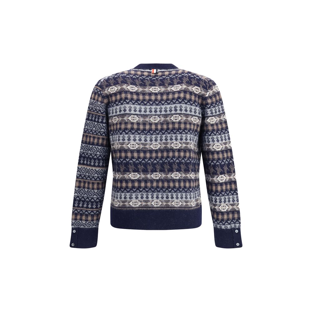 Back view of Thom Browne Blue Wool Cardigan featuring Fair Isle print with ribbed hem and cuffs for AW25 collection.