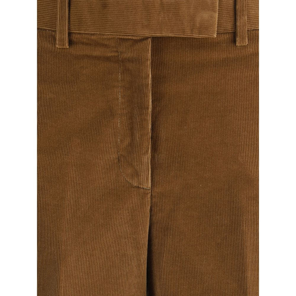 Close-up of Thom Browne Brown Cotton Casual Pants in corduroy with front zipper and hook-and-eye closure, featuring detailed texture.