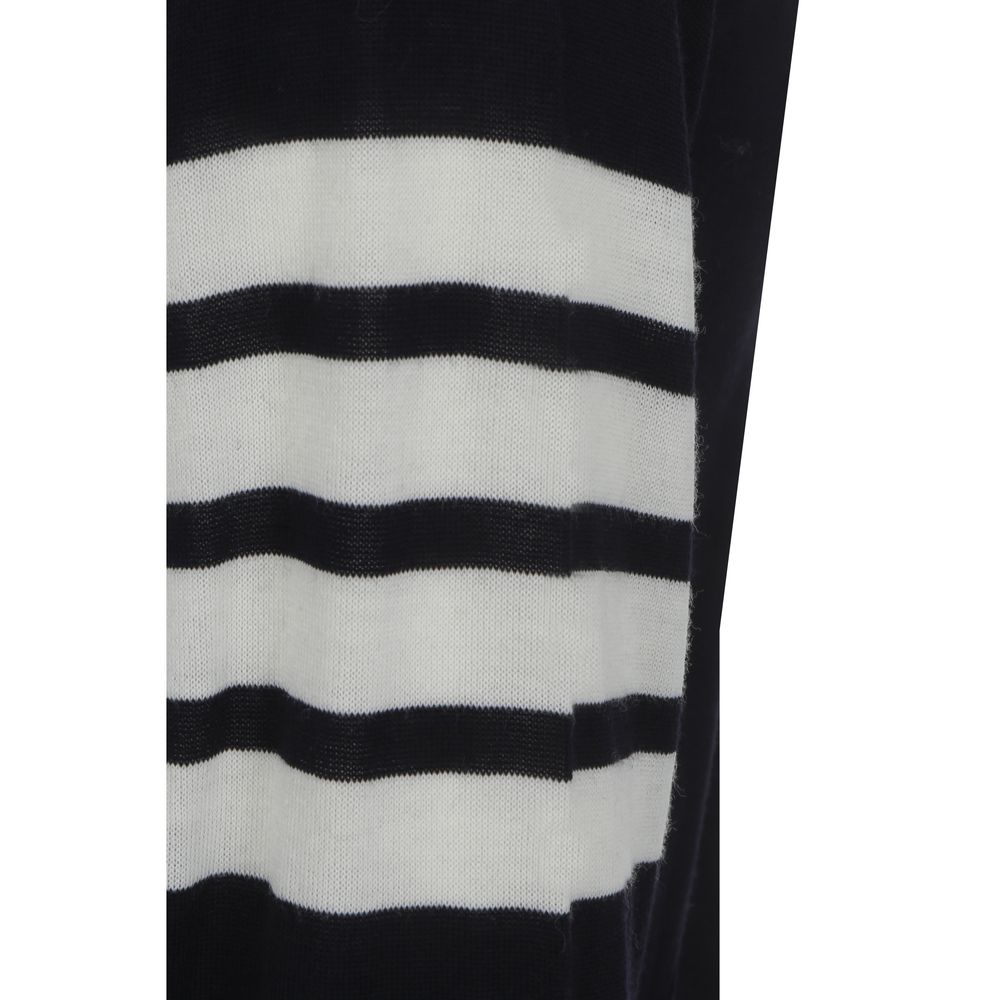 Striped cuff detail on Thom Browne Cardigan, fleece wool, iconic brand logo bands.