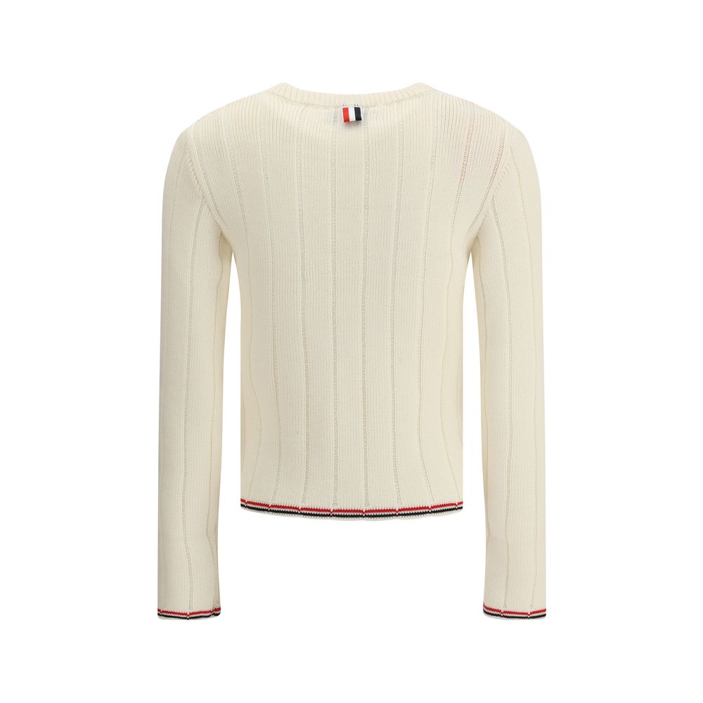 Back view of Thom Browne Cream Fleece Wool Sweatshirt with ribbed design and tricolor accents, perfect for contemporary style.