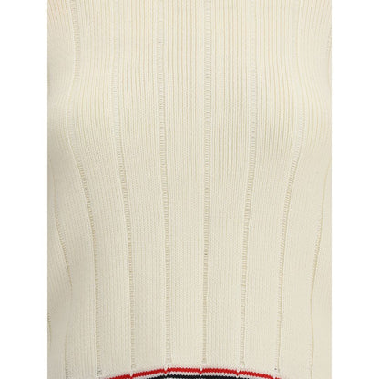 Thom Browne Cream Fleece Wool Sweatshirt with ribbed texture and iconic tricolor edge detail.