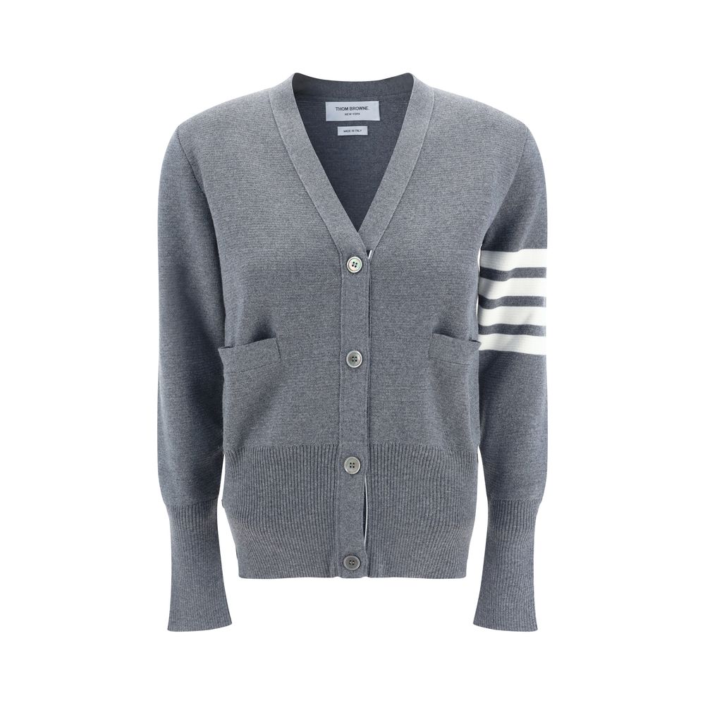 Thom Browne Gray Fleece Wool Cardigan with contrasting bands, V-neck, button closure, open pockets, ribbed hem and cuffs for AW25 season