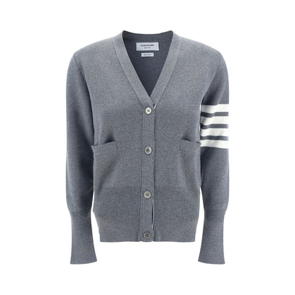 Thom Browne Gray Fleece Wool Cardigan with contrasting bands, V-neck, button closure, open pockets, ribbed hem and cuffs for AW25 season