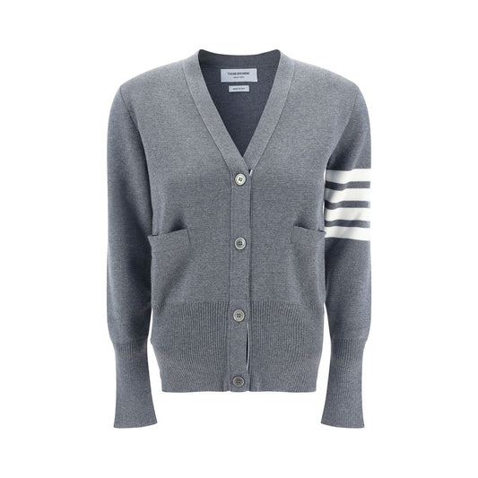 Thom Browne Gray Fleece Wool Cardigan with contrasting bands, V-neck, button closure, open pockets, ribbed hem and cuffs for AW25 season